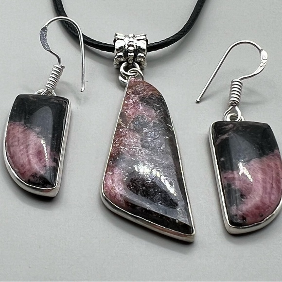 New Pink Rhodonite Stone Silver Overlay Pendant Earrings Necklace Set w Cord - Picture 5 of 8
